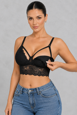 Strappy lace nursing bralette with clip-down cups and longline lace band