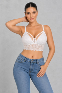 Strappy lace nursing bralette with clip-down cups and longline lace band