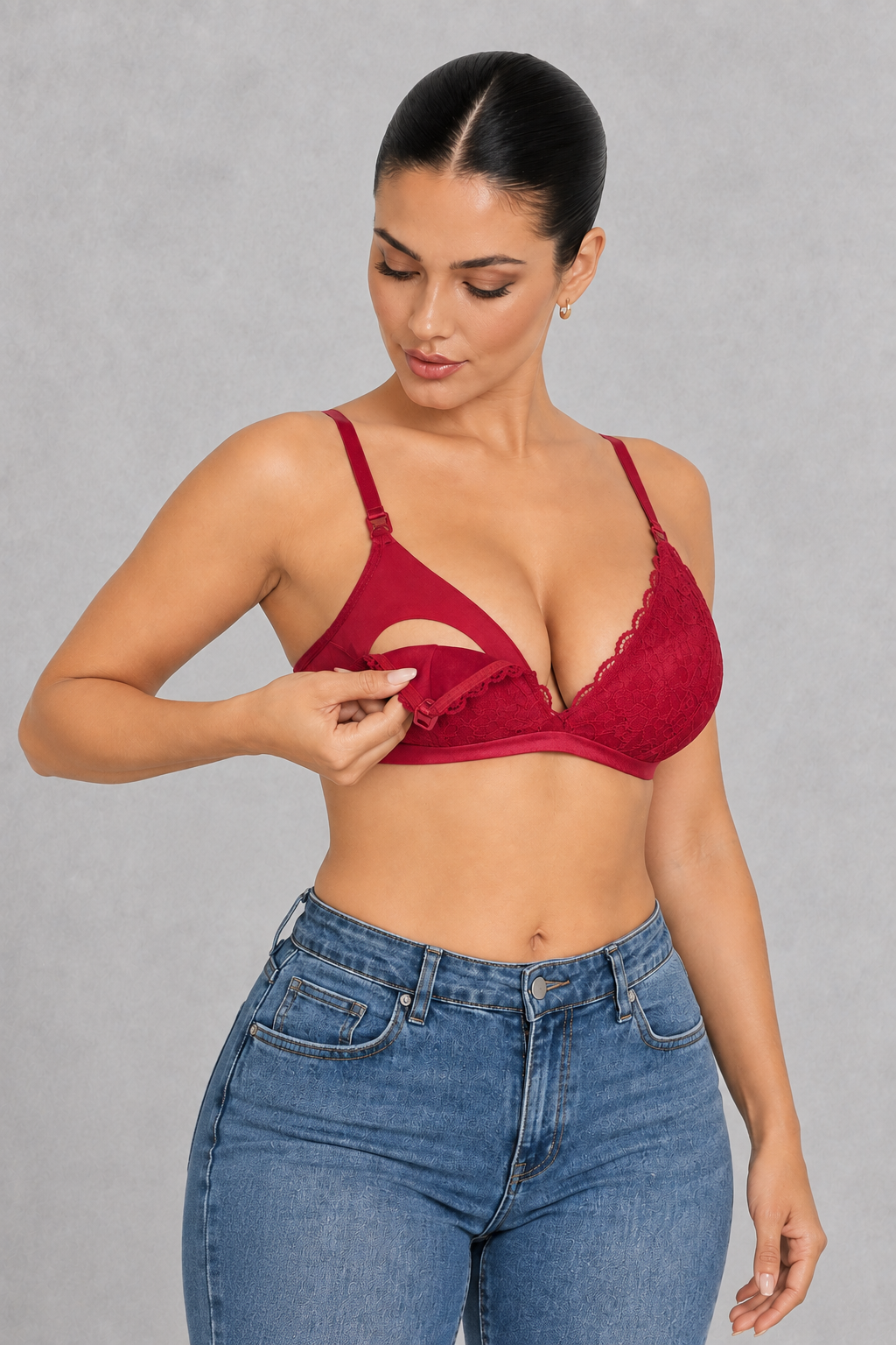 Ultra-thin lace-trim nursing bra with clip-down cup
