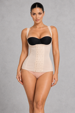 Open bust postpartum faja bodysuit with hook-front closure