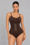 Seamless cami shaping bodysuit with hook-front waist cincher