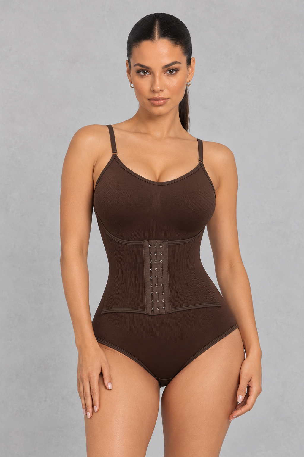 Seamless cami shaping bodysuit with hook-front waist cincher