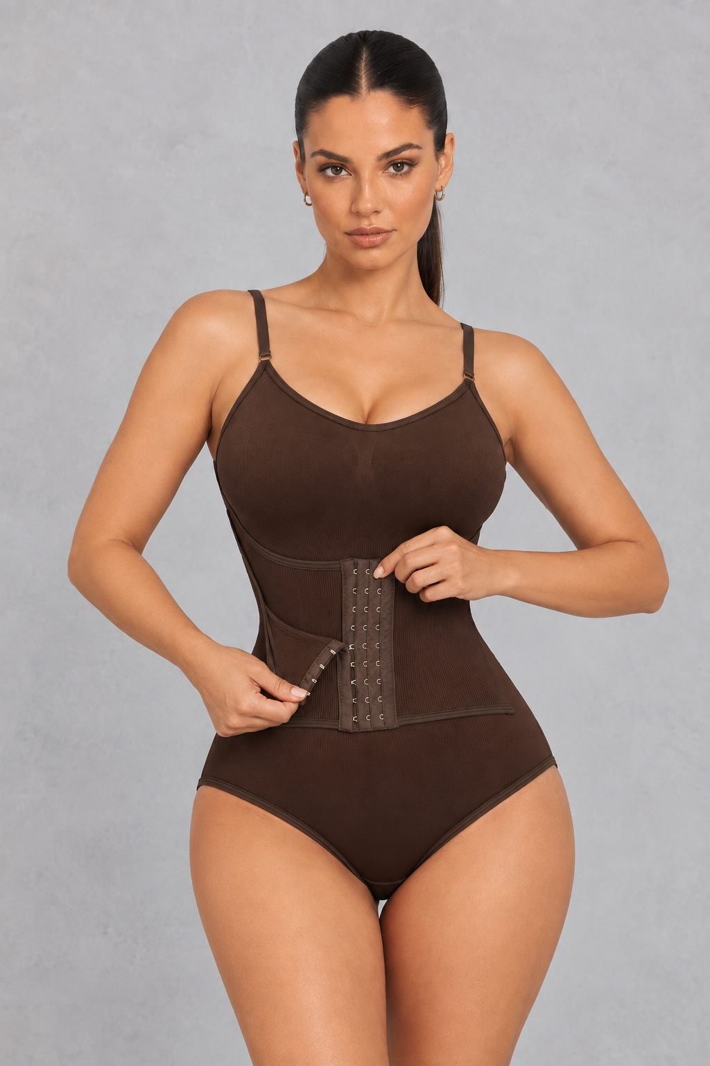 Seamless cami shaping bodysuit with hook-front waist cincher