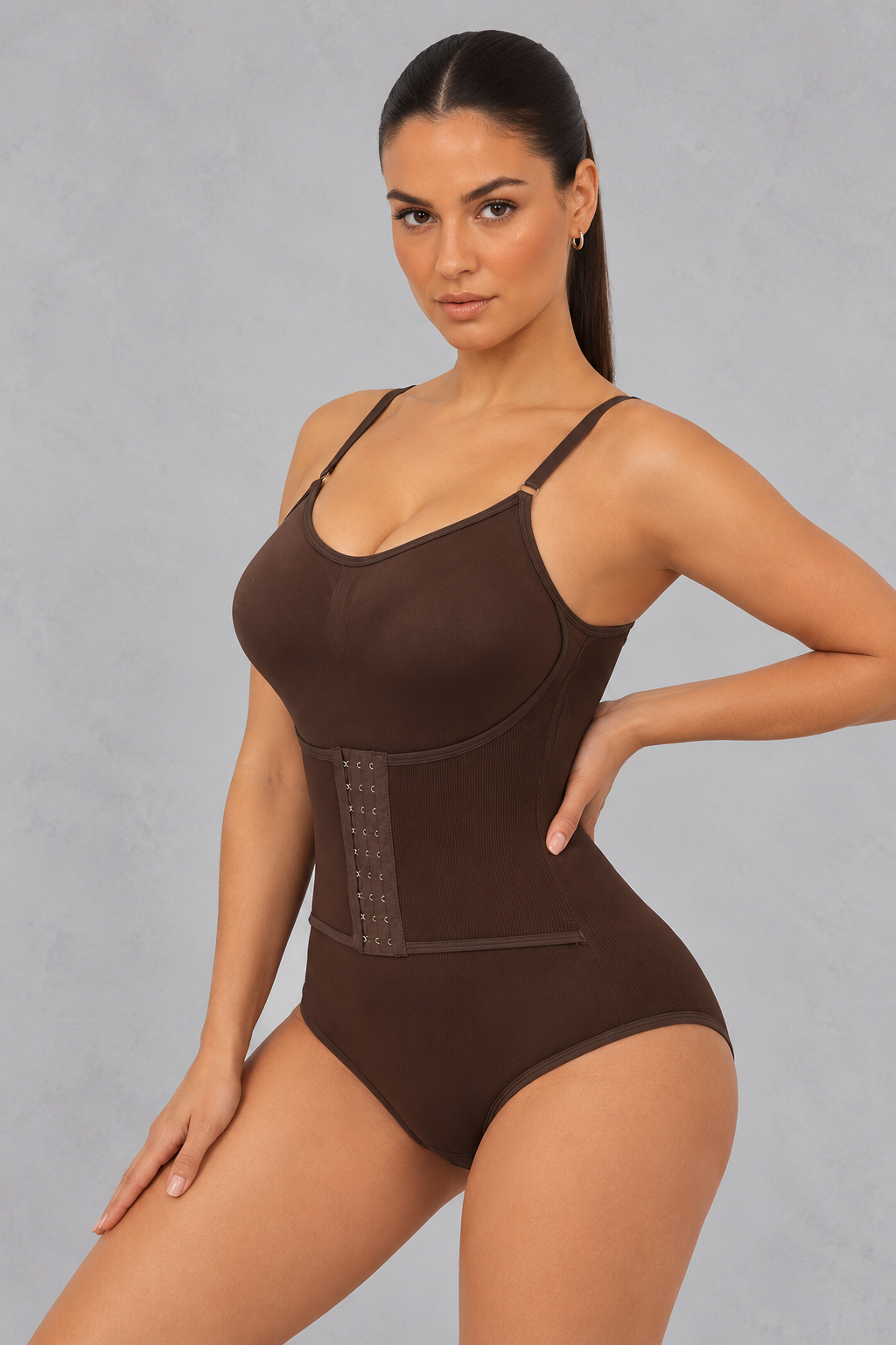 Seamless cami shaping bodysuit with hook-front waist cincher