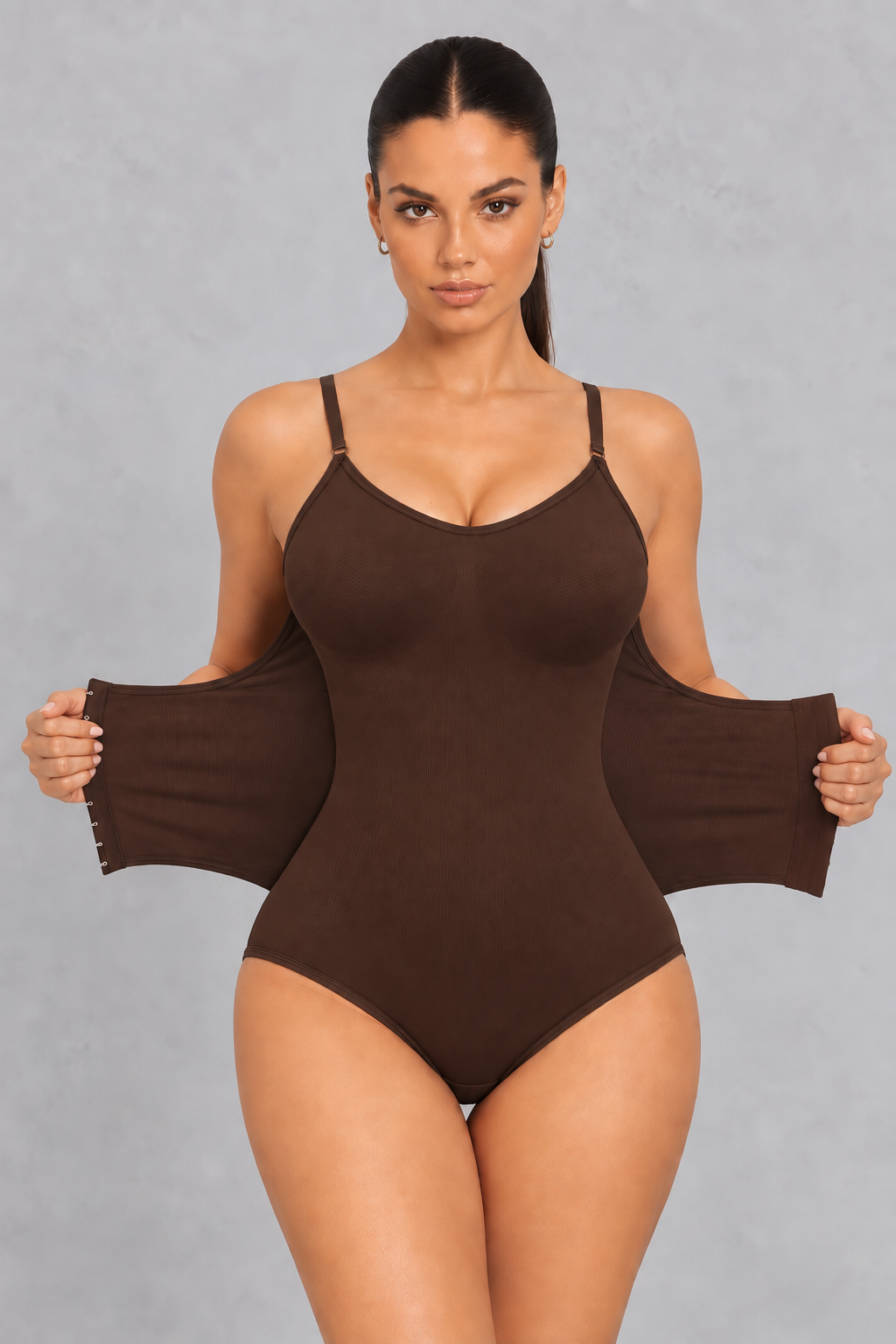 Seamless cami shaping bodysuit with hook-front waist cincher