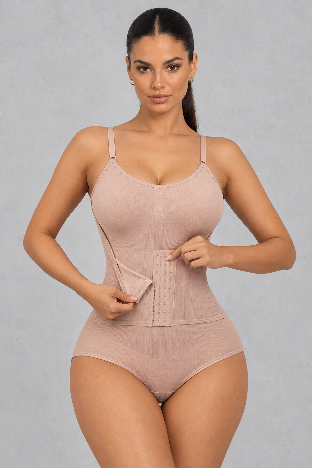 Seamless cami shaping bodysuit with hook-front waist cincher