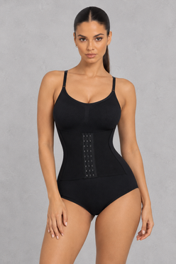 Seamless cami shaping bodysuit with hook-front waist cincher
