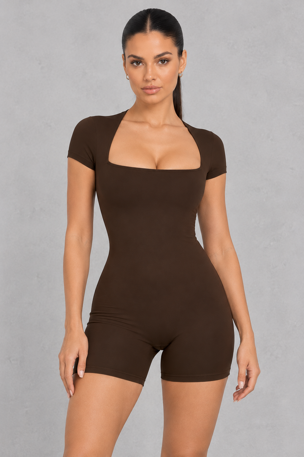 Square neck short sleeve unitard with mid-thigh shorts