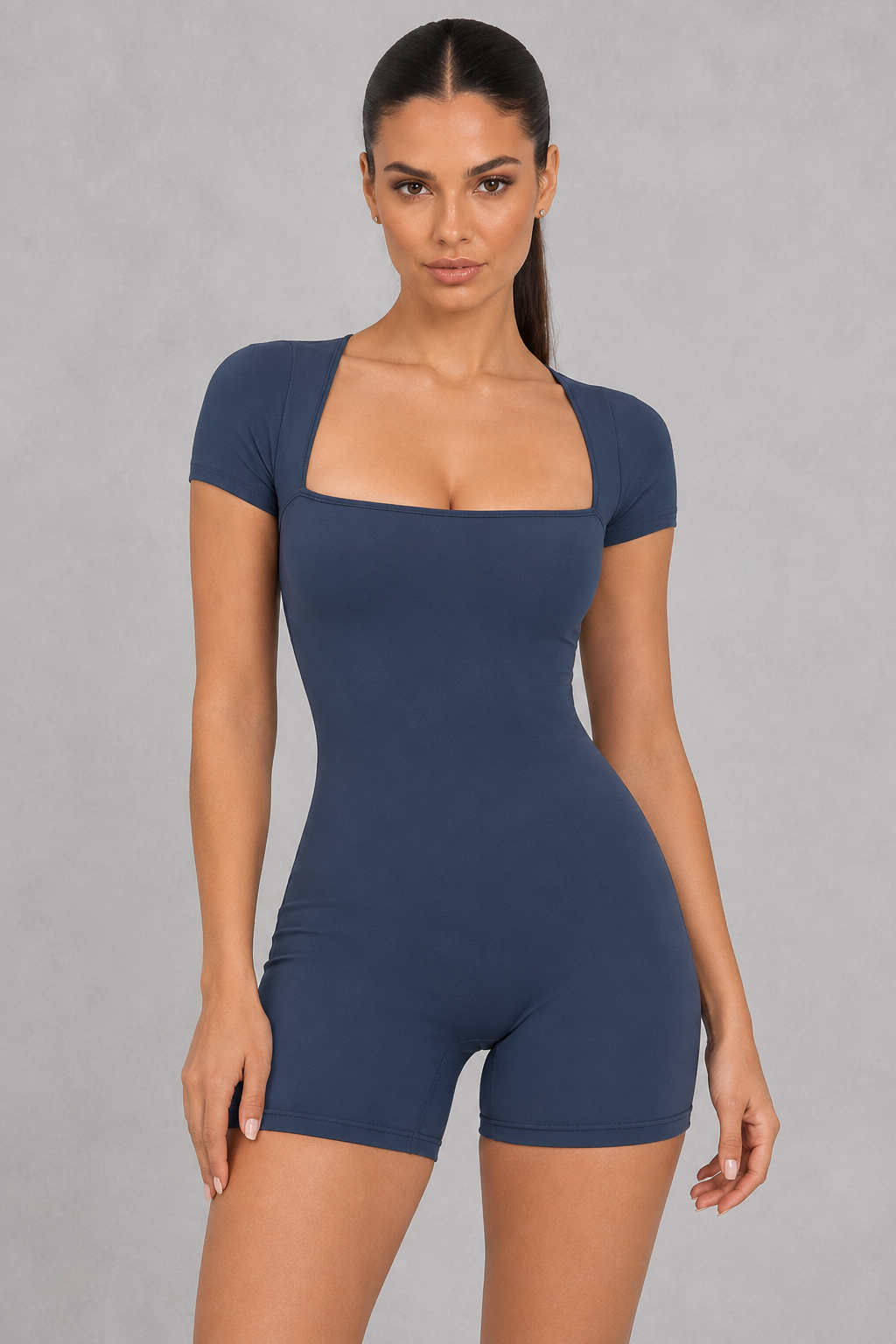 Square neck short sleeve unitard with mid-thigh shorts