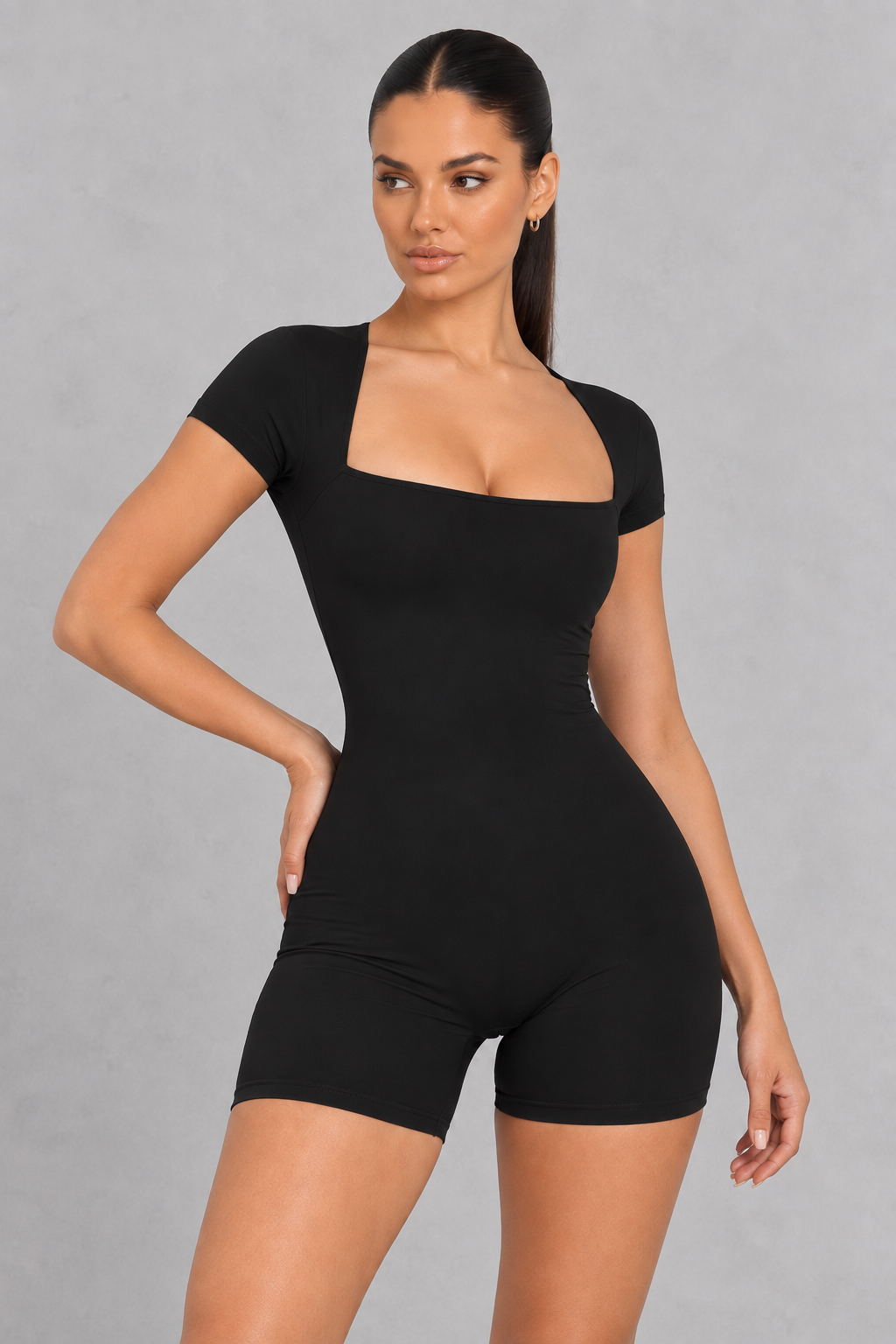 Square neck short sleeve unitard with mid-thigh shorts
