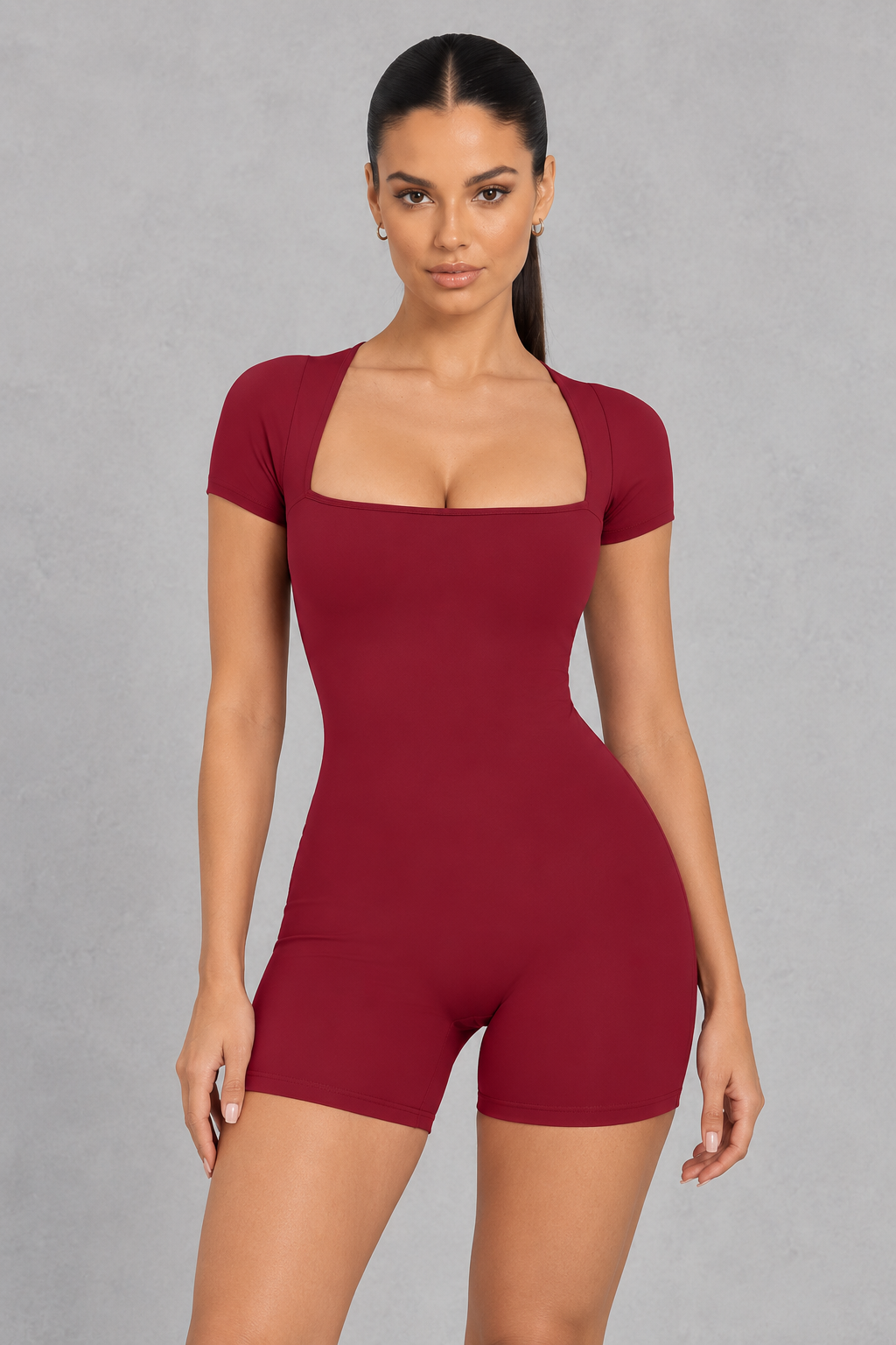 Square neck short sleeve unitard with mid-thigh shorts