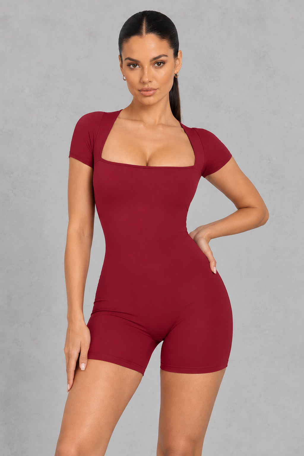 Square neck short sleeve unitard with mid-thigh shorts