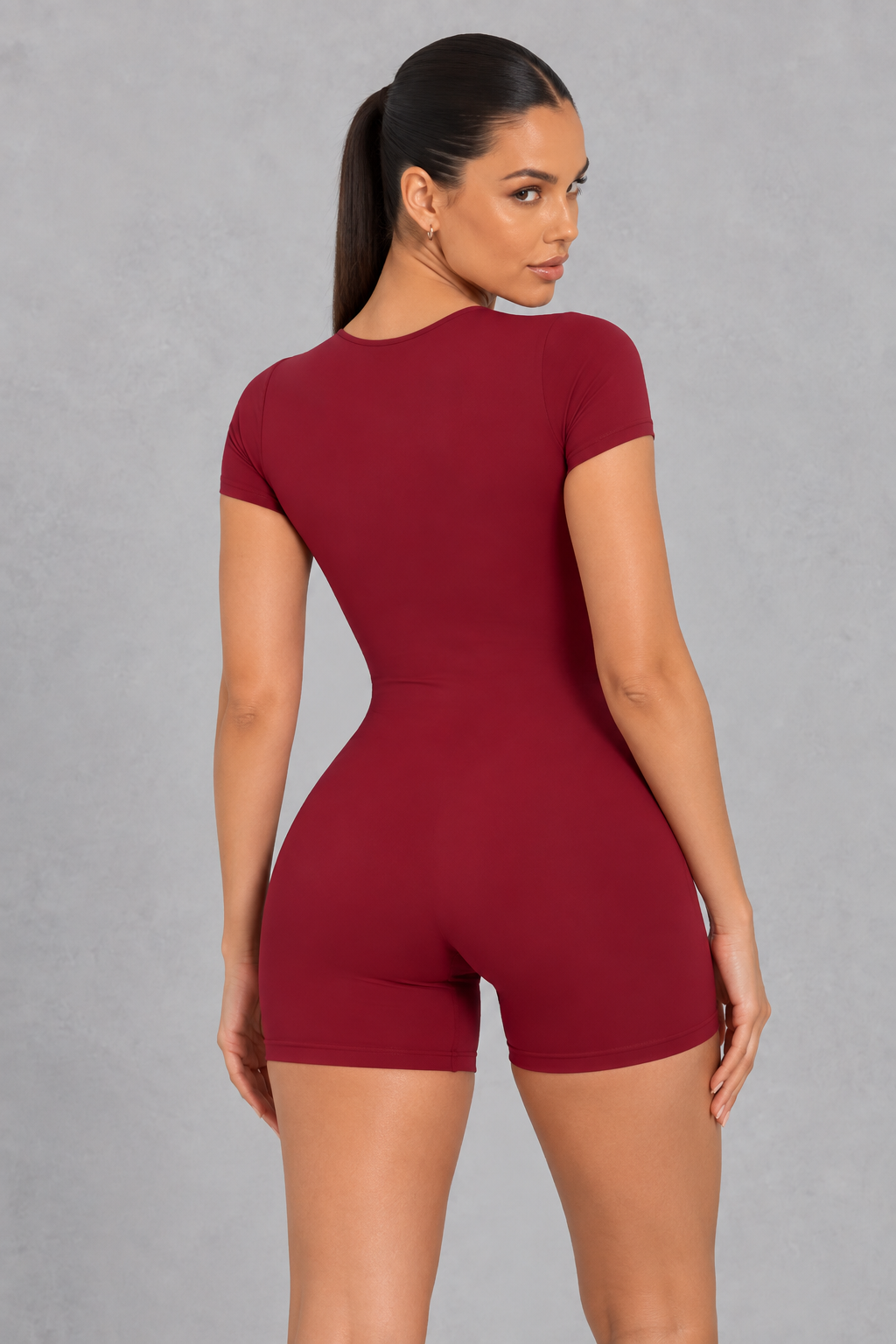 Square neck short sleeve unitard with mid-thigh shorts