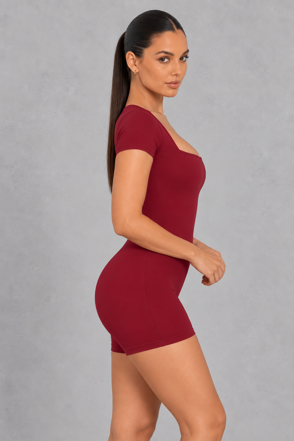 Square neck short sleeve unitard with mid-thigh shorts