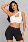 Sculp One-Shoulder Push-Up Sports Bra in White – front view with cut-out detail
