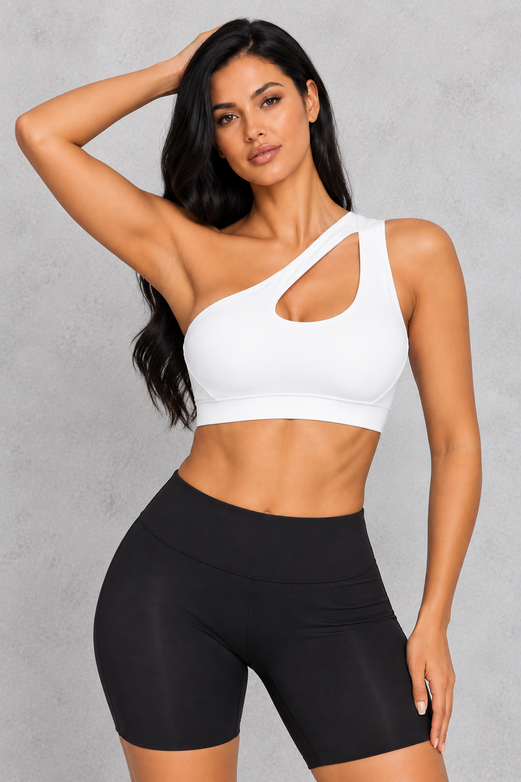 Sculp One-Shoulder Push-Up Sports Bra in White – front view with cut-out detail