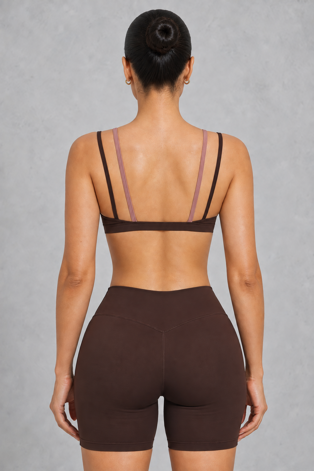 Sculp Low Back Push-Up Sports Bra in Dark Brown – back view, low back with double straps