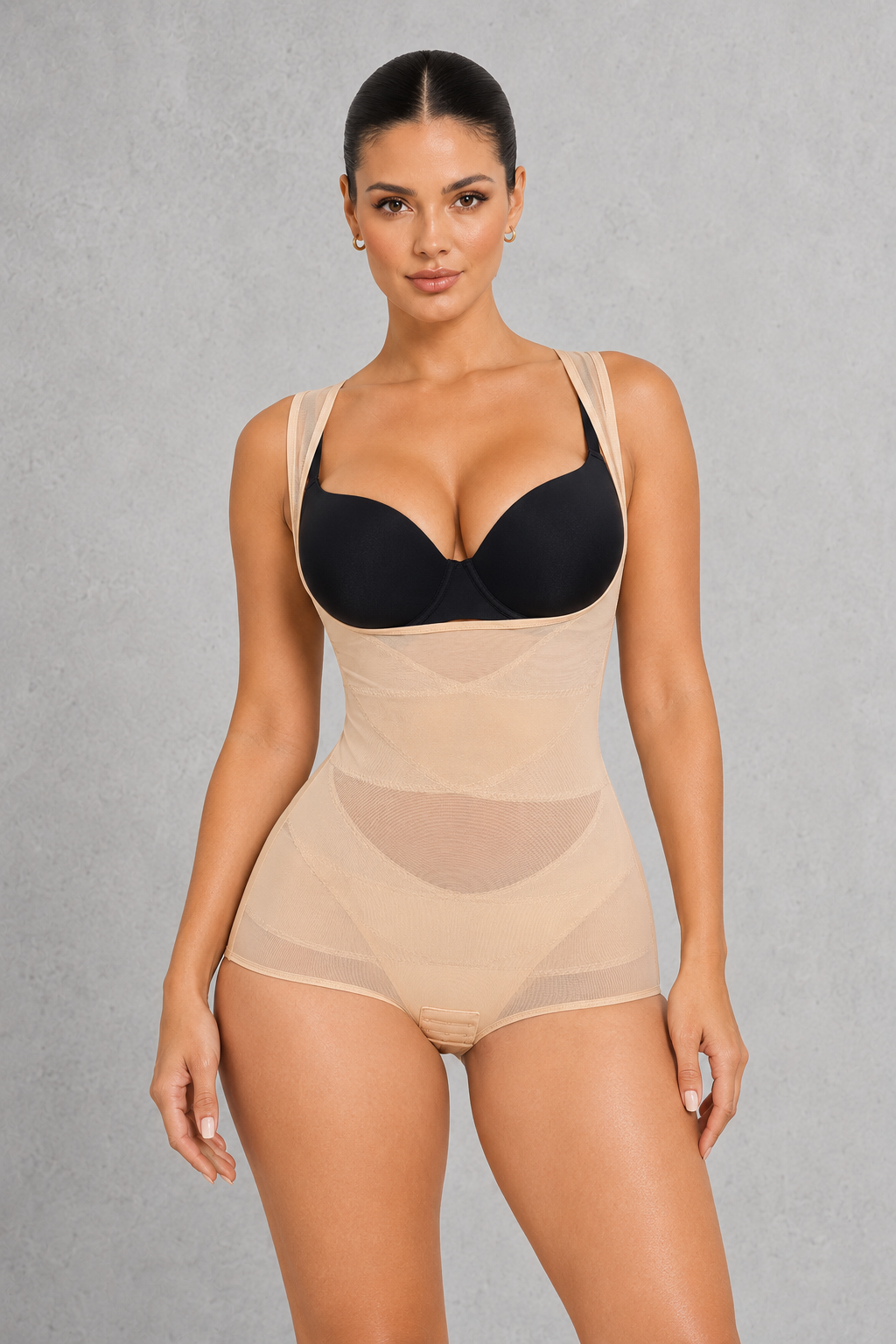 Open bust mesh shaping bodysuit with criss-cross panels