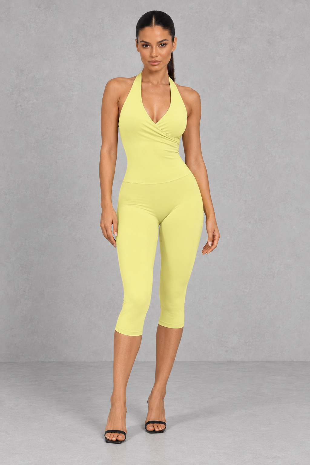 Sculp Halter Wrap Top & Capri Leggings Set in Yellow – front view