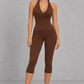 Sculp Halter Wrap Top & Capri Leggings Set in Chocolate Brown – front view