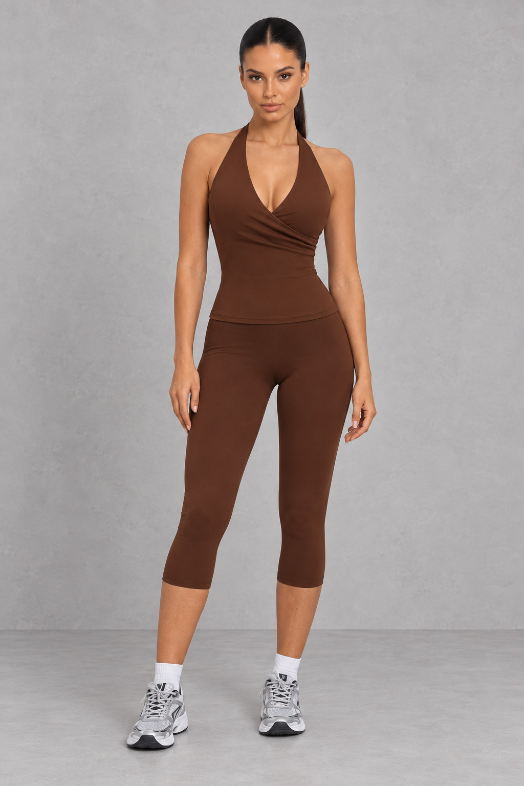 Sculp Halter Wrap Top & Capri Leggings Set in Chocolate Brown – front view