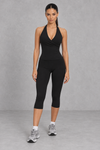 Sculp Halter Wrap Top & Capri Leggings Set in Black – front view