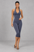 Sculp Halter Wrap Top & Capri Leggings Set in Slate Blue – front view