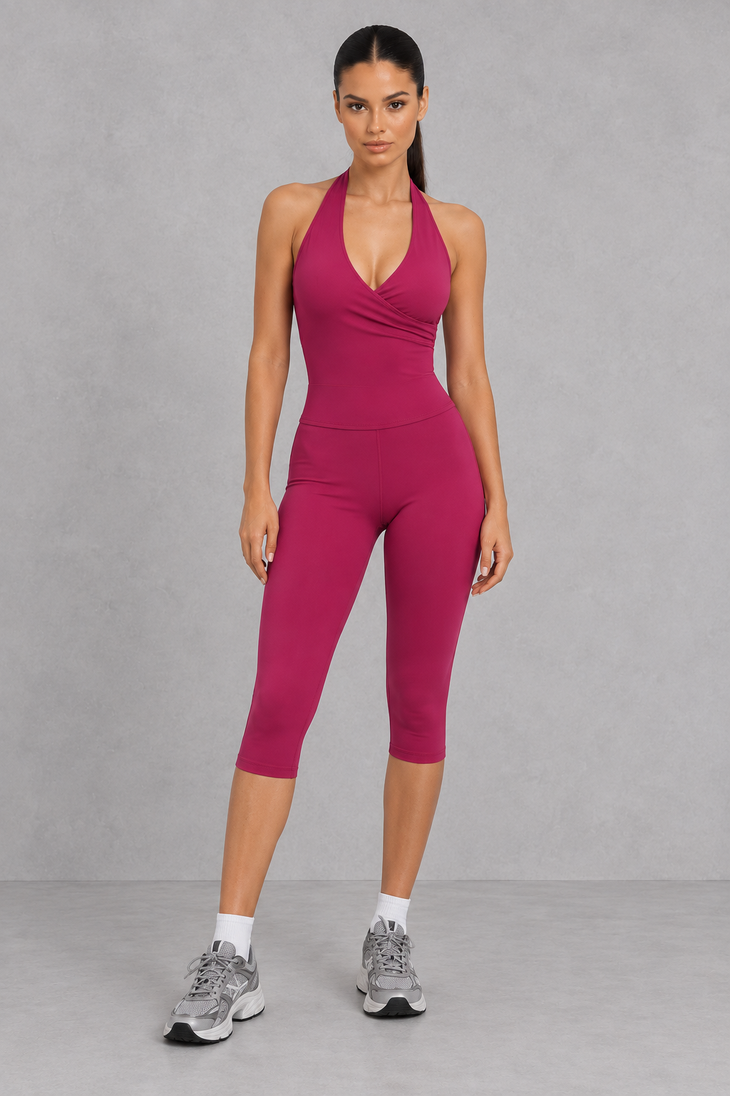 Sculp Halter Wrap Top & Capri Leggings Set in Raspberry – front view