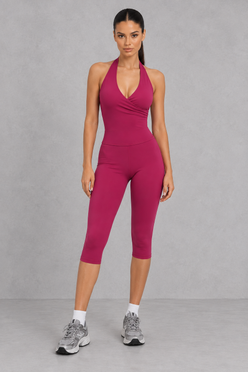 Sculp Halter Wrap Top & Capri Leggings Set in Raspberry – front view