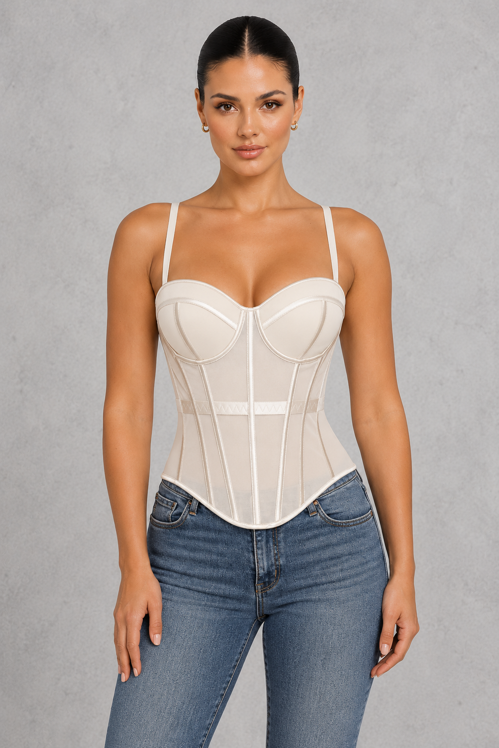 Boned mesh corset top with padded sweetheart cups