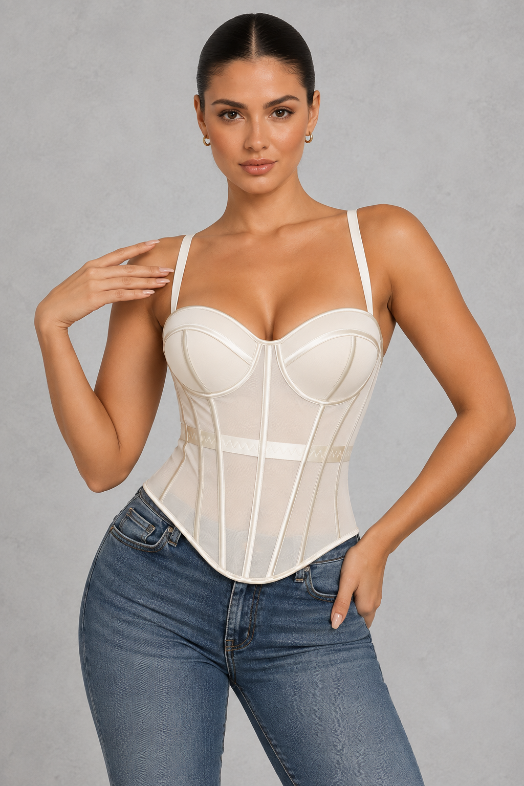 Boned mesh corset top with padded sweetheart cups