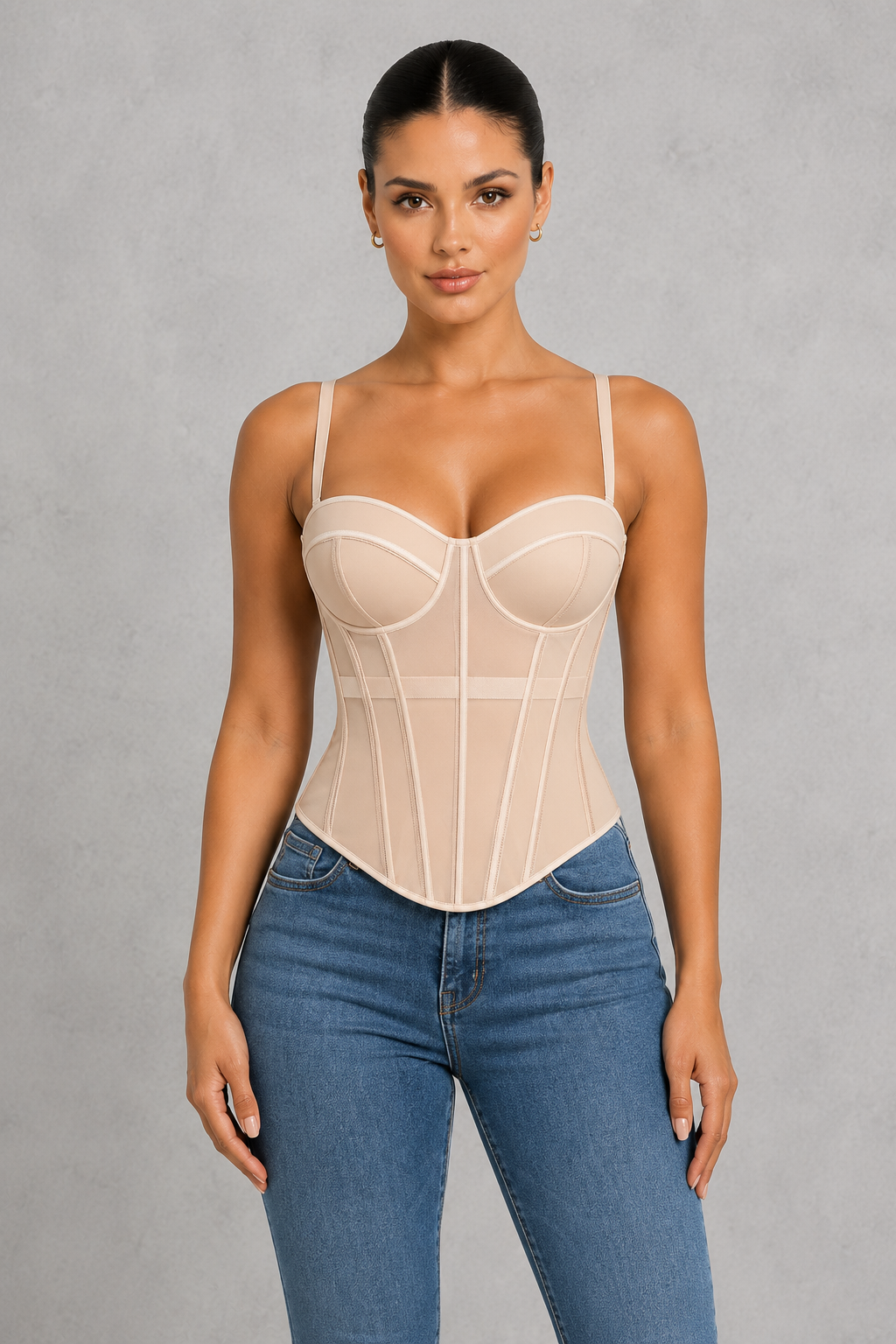 Boned mesh corset top with padded sweetheart cups