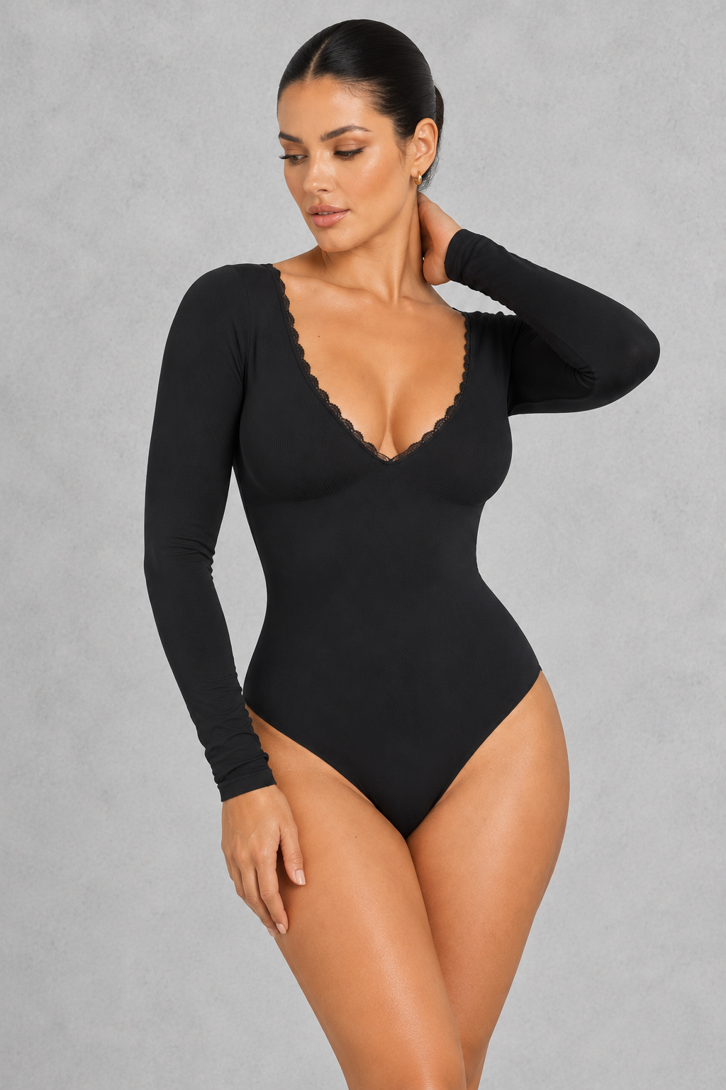 Sculp Lace-Trim V-Neck Long Sleeve Stretch Bodysuit