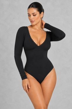 Sculp Lace-Trim V-Neck Long Sleeve Stretch Bodysuit