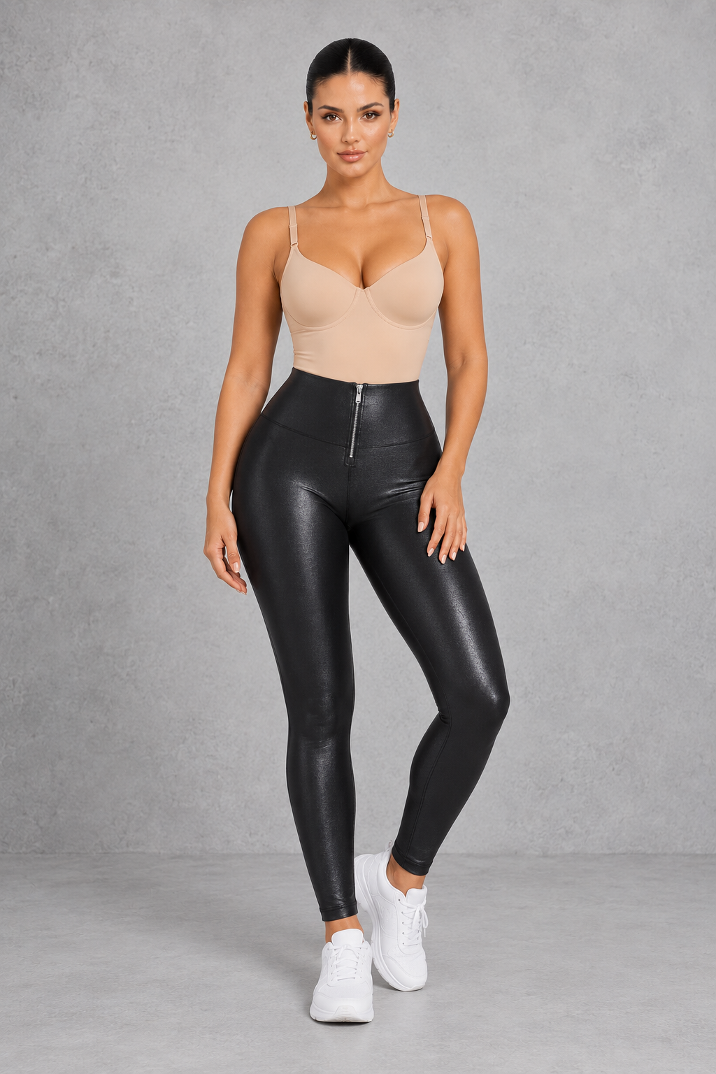 Sculp Tummy Control Faux Leather Leggings – High Waist Sculpting Zip Front