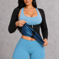 Sculp long sleeve sauna sweat top in black, worn over a sports bra