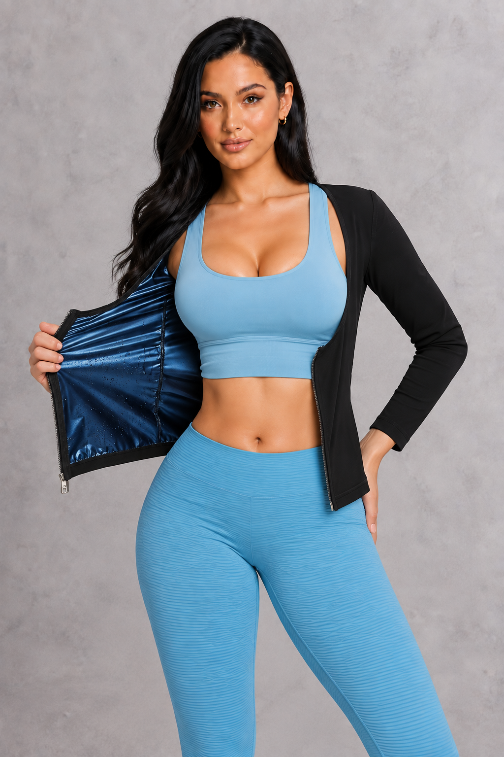 Sculp long sleeve sauna sweat top, open zip showing blue lining