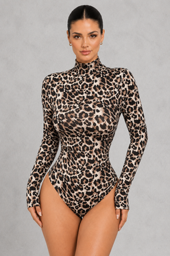 Sculp Leopard Print High Neck Long Sleeve Bodysuit