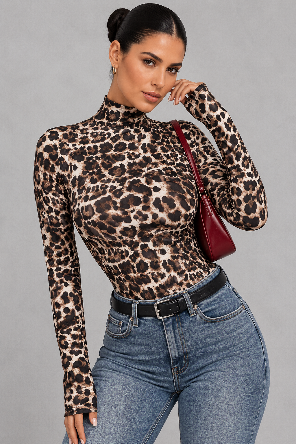 Sculp Leopard Print High Neck Long Sleeve Bodysuit