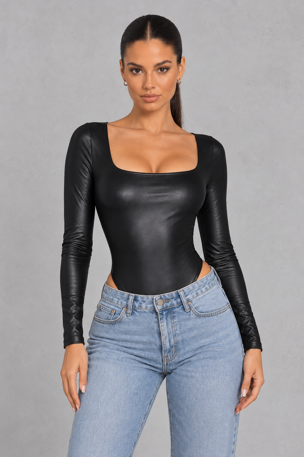Sculp Coated Square Neck Long Sleeve Bodysuit
