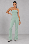 Sculp flare leg gym jumpsuit in light green, front view