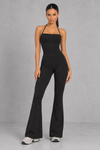 Sculp flare leg gym jumpsuit in black, front view