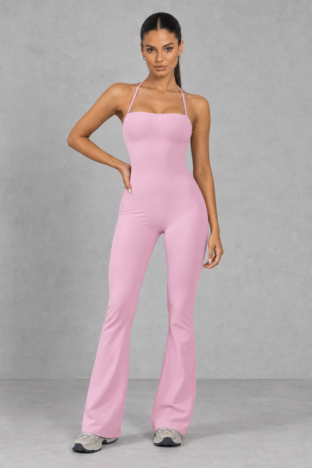 Sculp flare leg gym jumpsuit in baby pink, front view