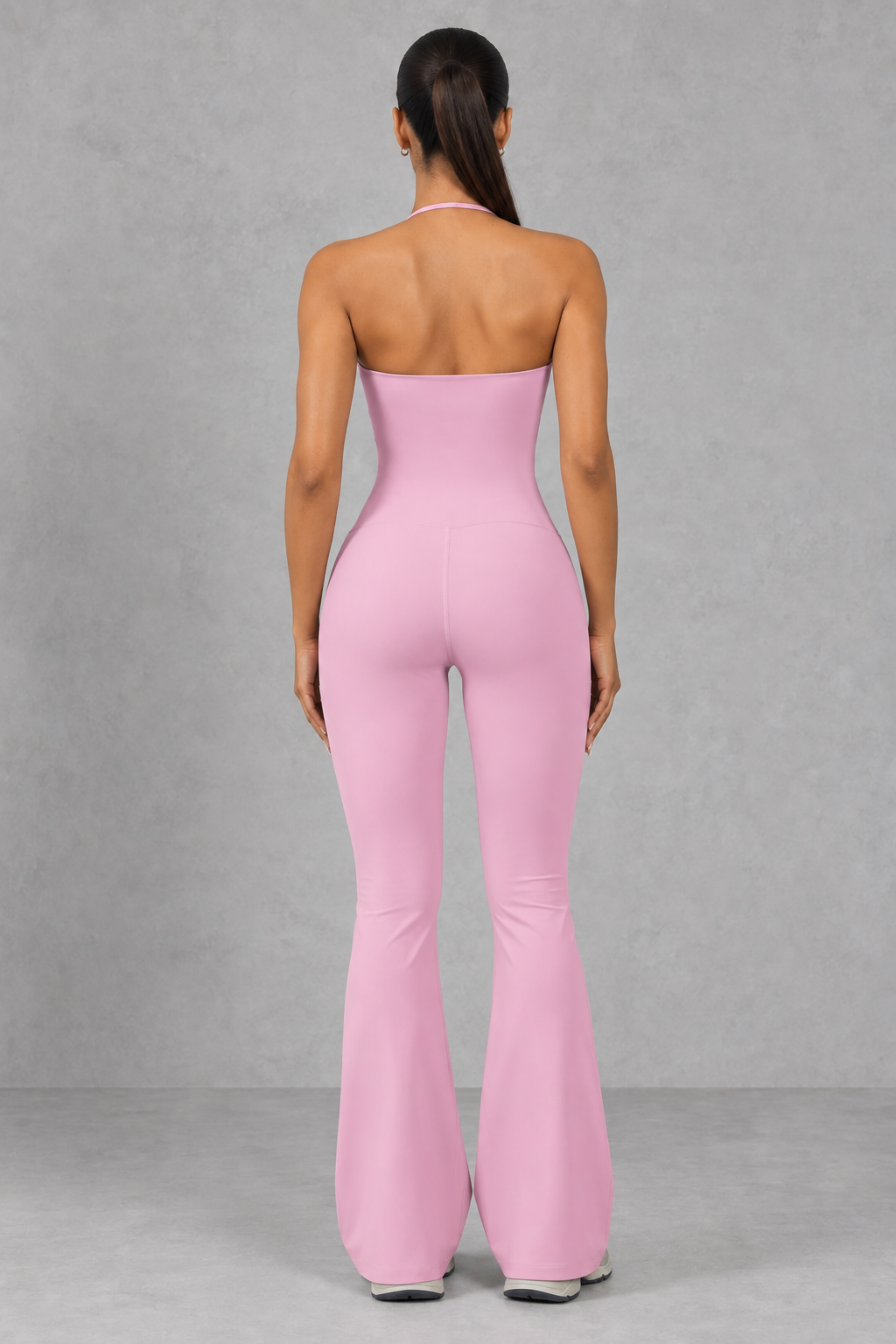 Sculp flare leg gym jumpsuit in baby pink, detail view