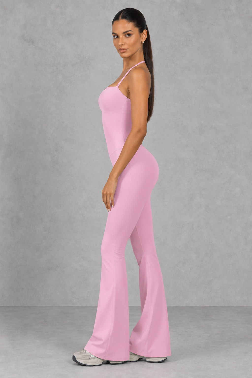 Sculp flare leg gym jumpsuit in baby pink, detail view
