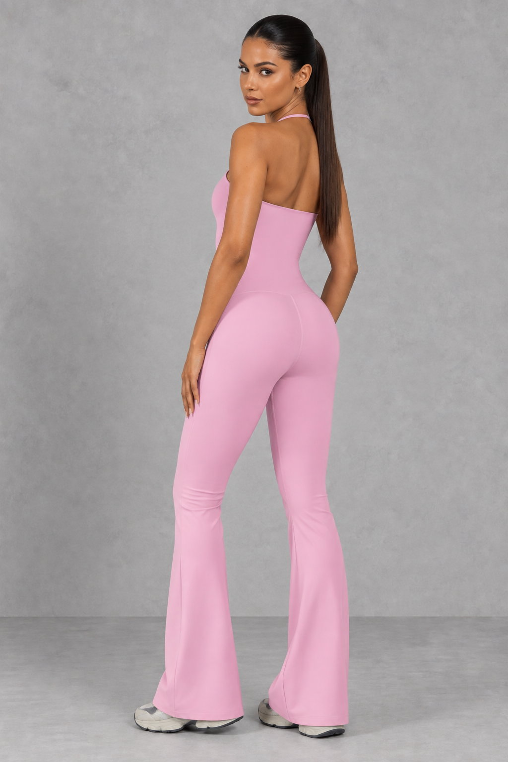 Sculp flare leg gym jumpsuit in baby pink, detail view