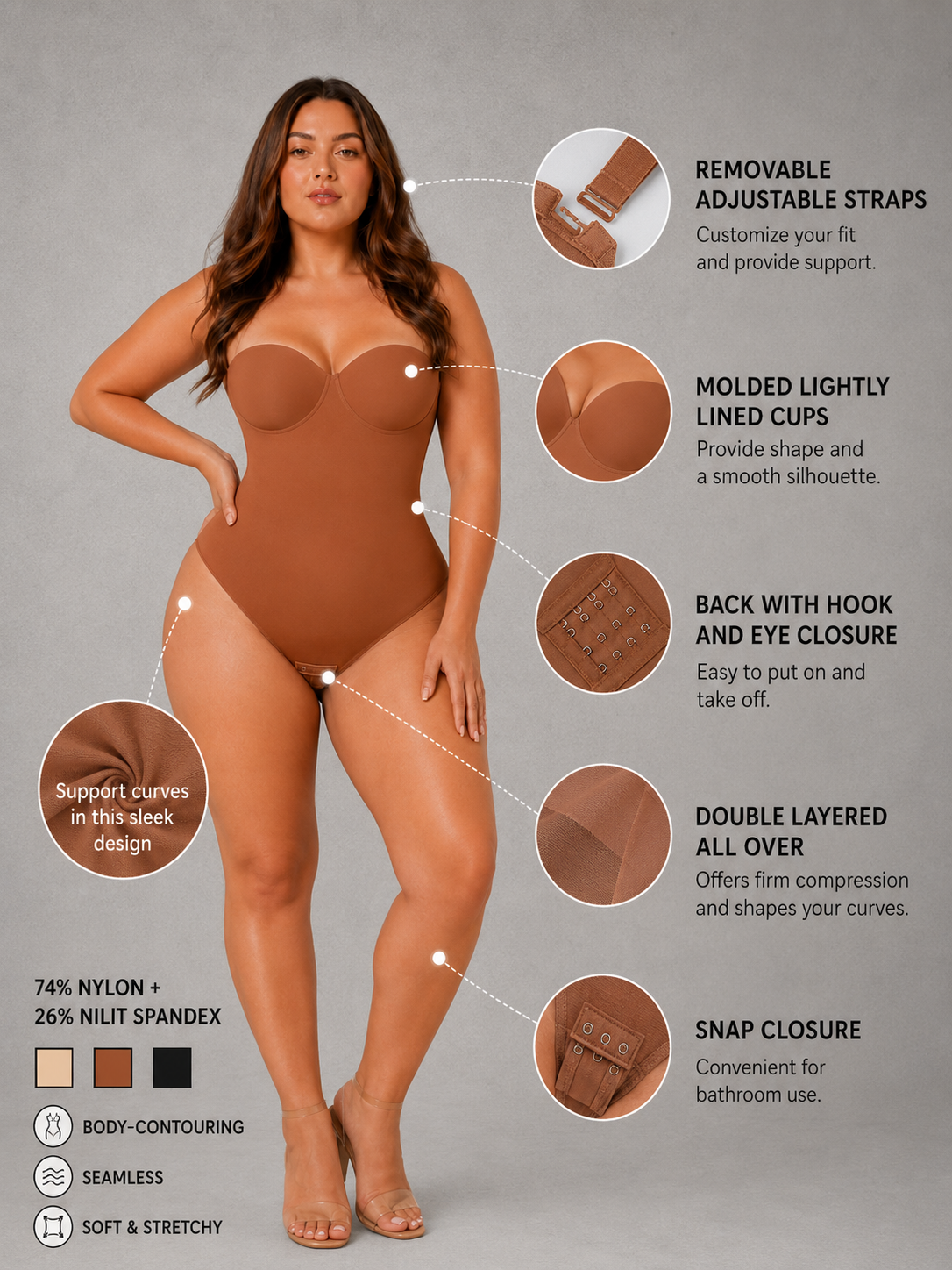 SculpStore Strapless Shapewear Bodysuit - Tummy Control Seamless Body Shaper with Detachable Straps