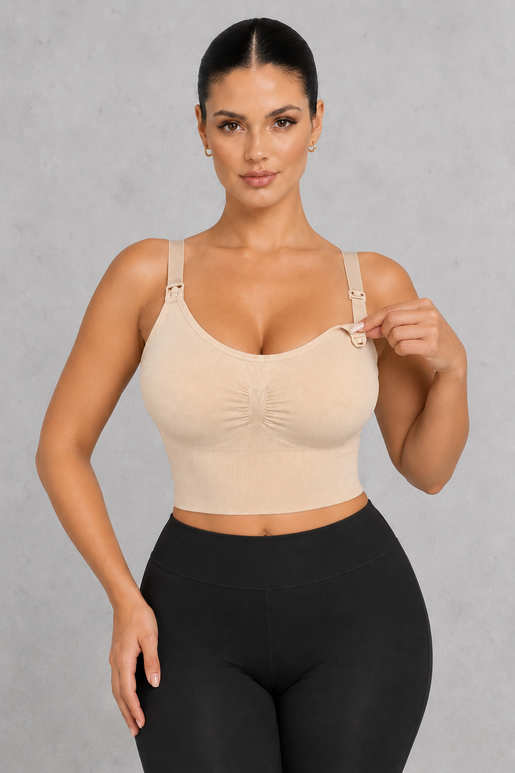 Seamless nursing crop top bra with clip-down straps and ruched front