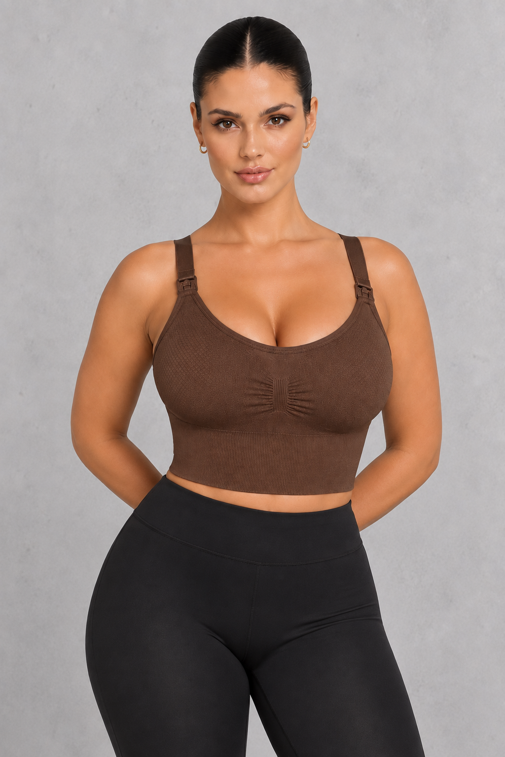 Seamless nursing crop top bra with clip-down straps and ruched front