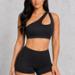 Sculp One-Shoulder Push-Up Sports Bra in Black – front view with cut-out detail